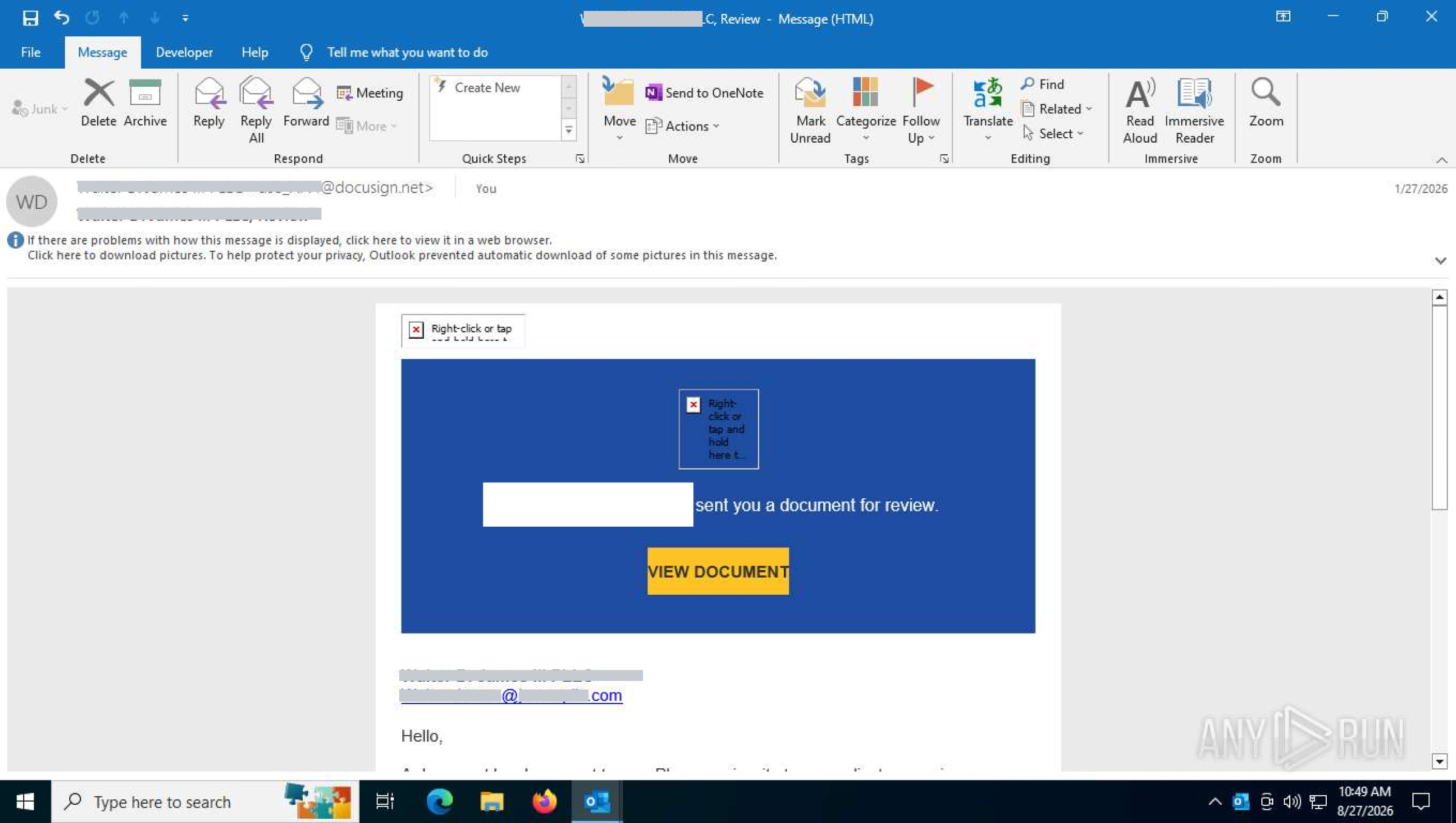 The lure mail: a forged DocuSign envelope in the name of a law firm, with one call to action