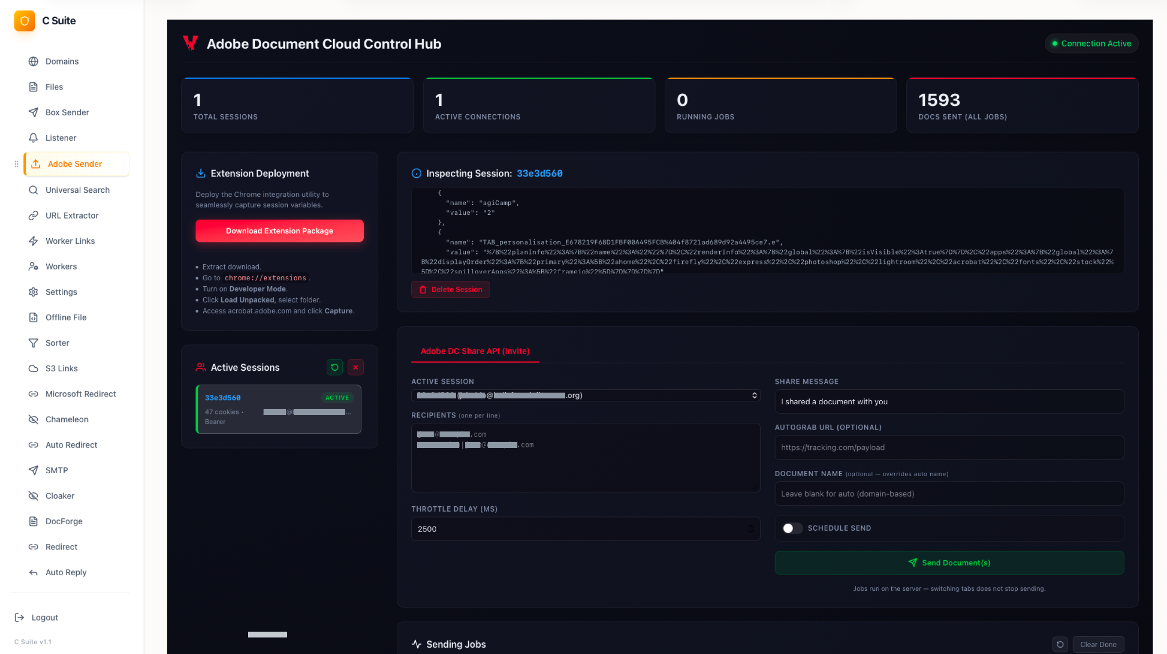 The Adobe Sender module, an Adobe Document Cloud control hub: 1,593 documents sent across all jobs, with the share-invite form on the right