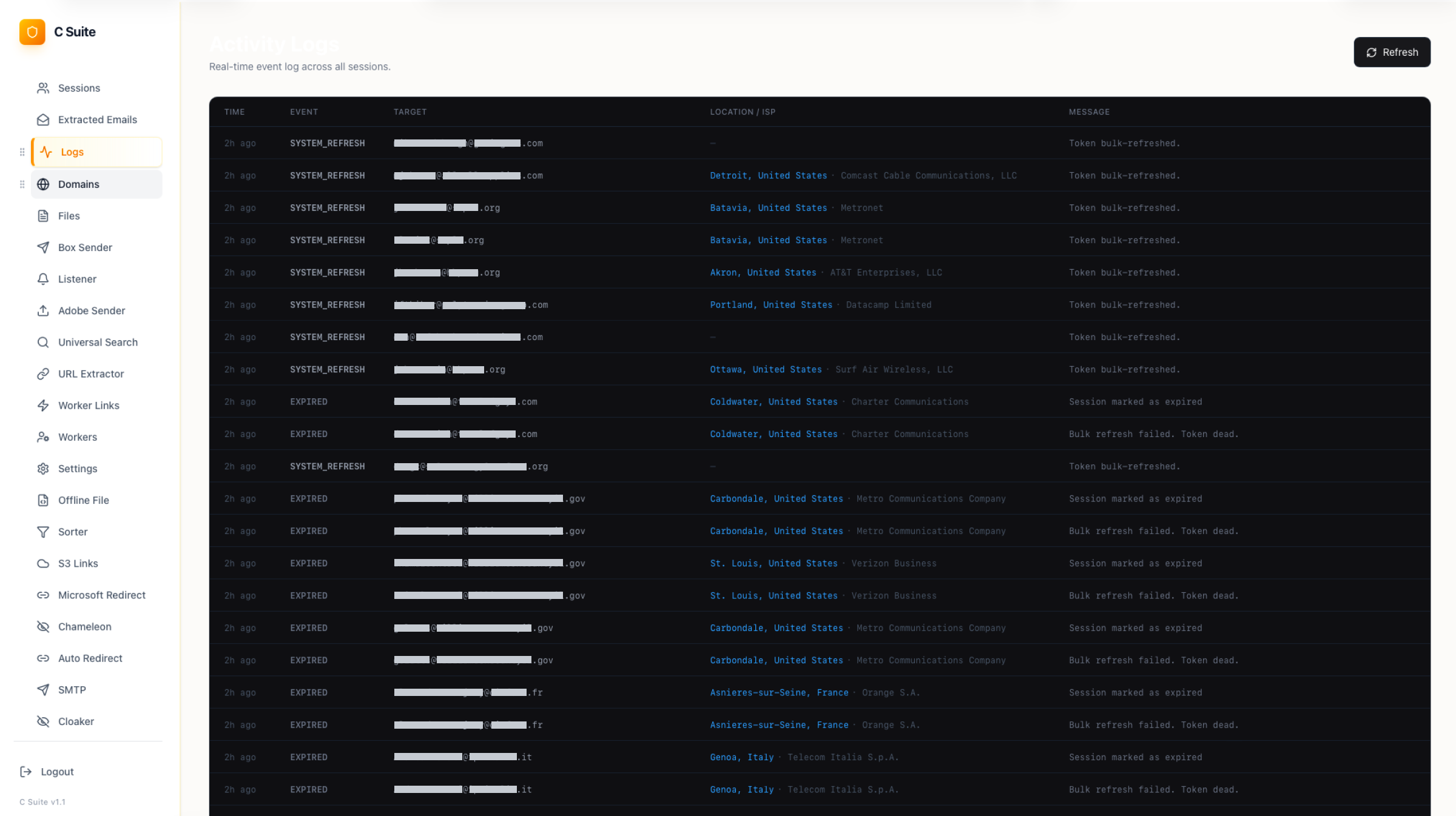 The Logs module: session refresh and expiry events per target, each row carrying the victim address, location and carrier