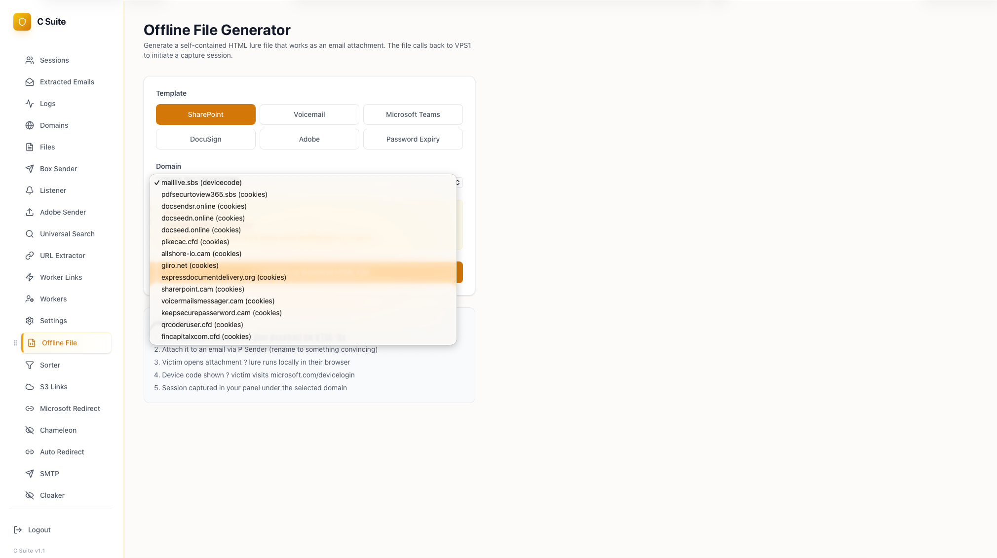 The Offline File Generator: self-contained HTML attachment templates and the per-domain capture list