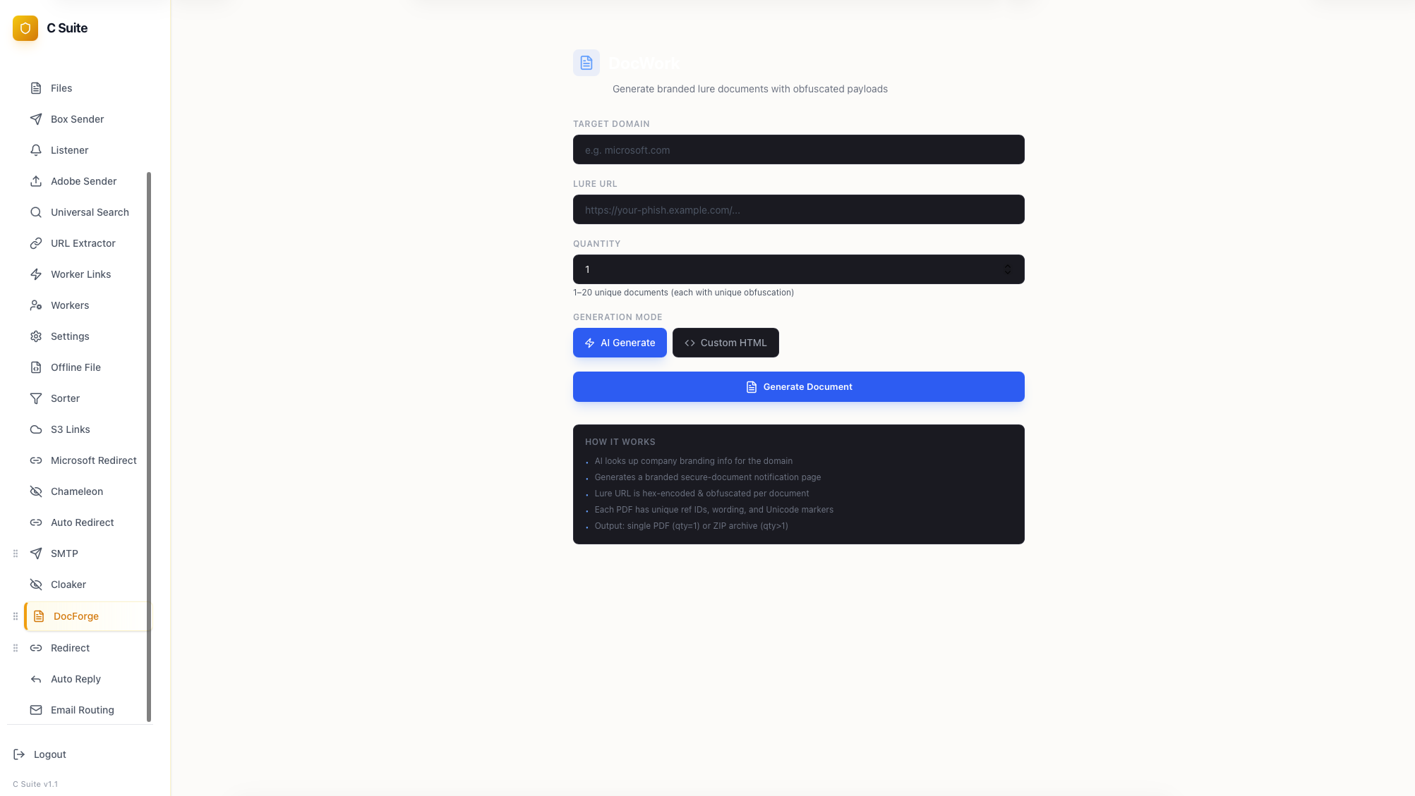 DocForge, which generates branded lure documents around an obfuscated payload URL