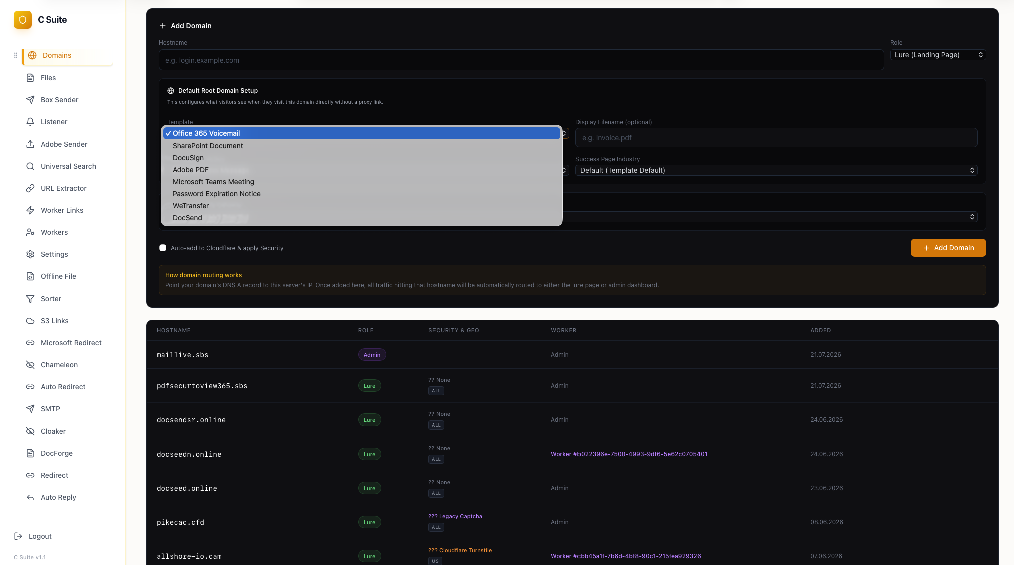 The add-domain form, with the landing template list: Office 365 Voicemail, SharePoint, DocuSign, Adobe PDF and Teams