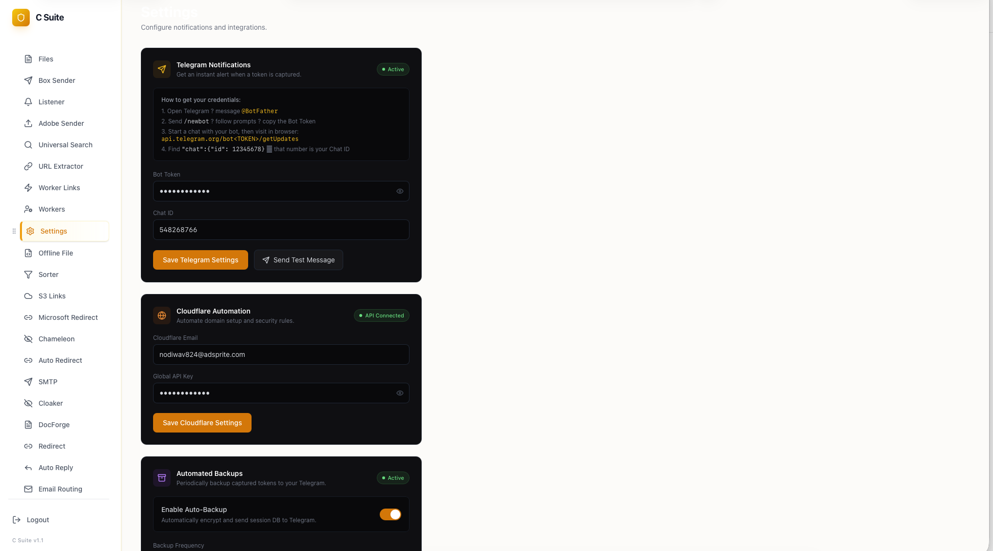 Settings: operator notifications, Cloudflare automation bound to the operator’s own account, and scheduled off-panel backup of the session database