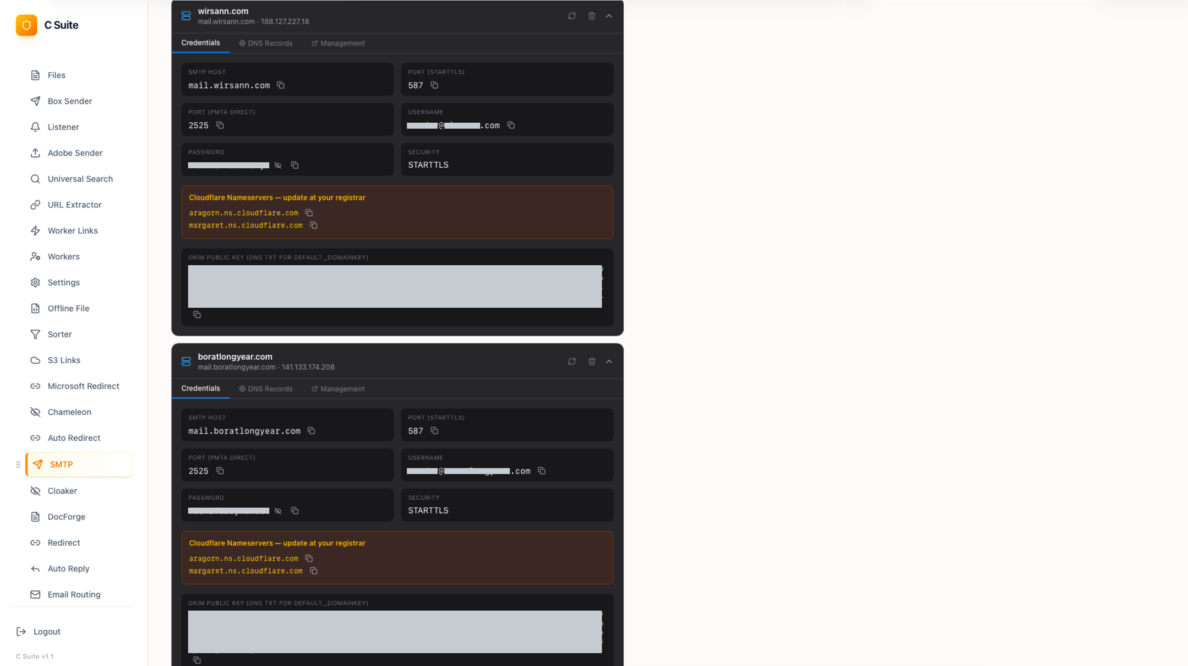 The SMTP module: two sending relays with credentials, and the Cloudflare nameserver pair the operator configures at the registrar