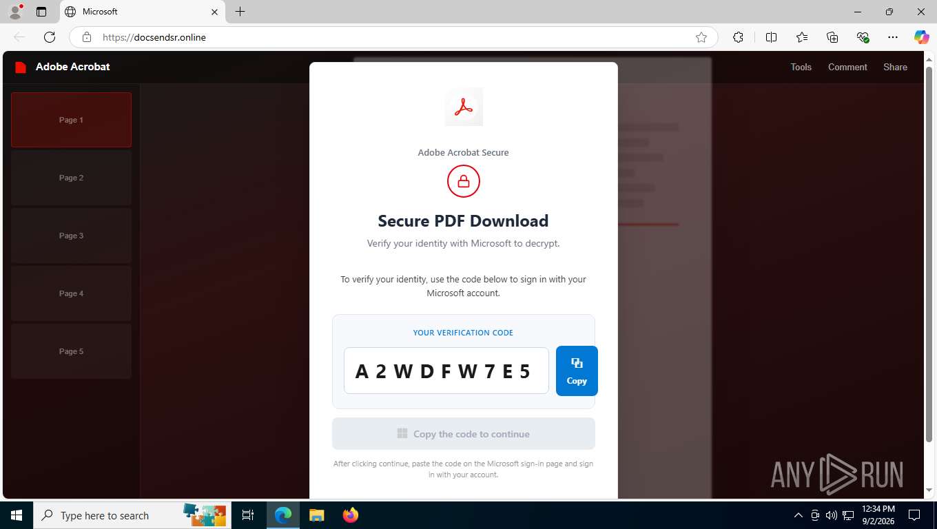 Fake verification code displayed inside ANY.RUN sandbox