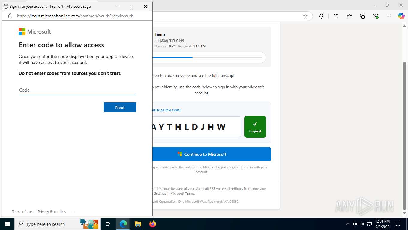 The example of Device Code Phishing with Microsoft Voicemail lure page