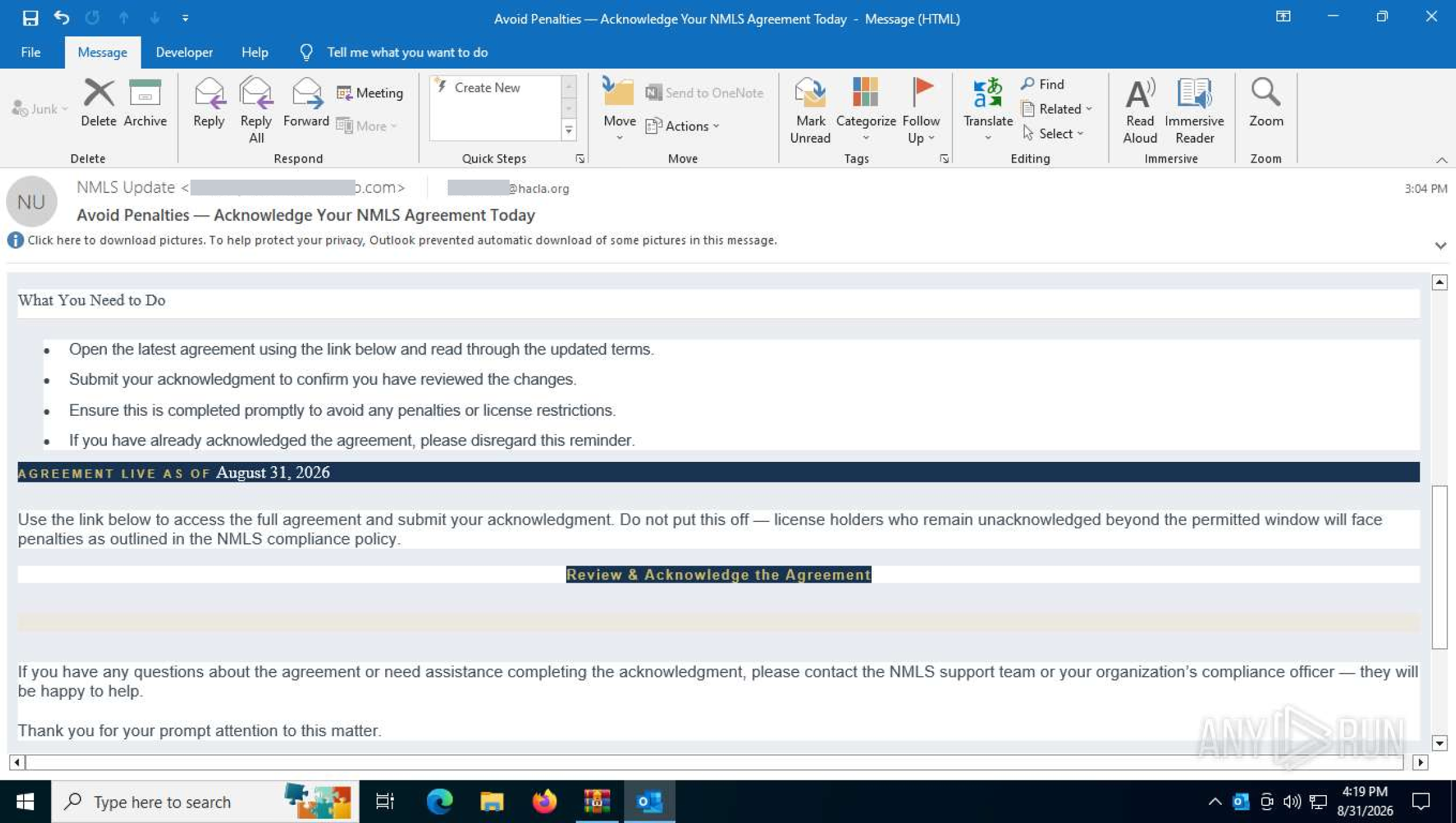 The lure mail. A compliance deadline, a short list of things the recipient must do, and one button