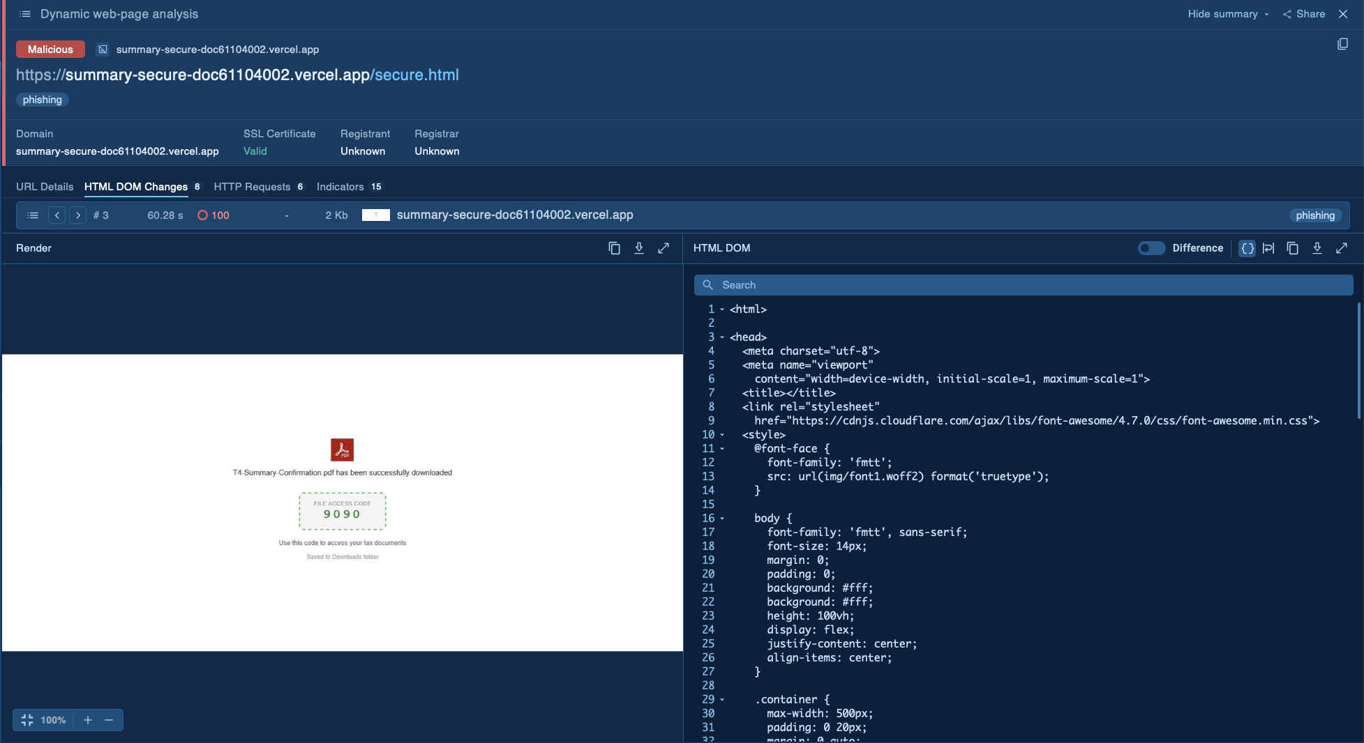 The Adobe phishing page. ANY.RUN Sandbox Browser Data view