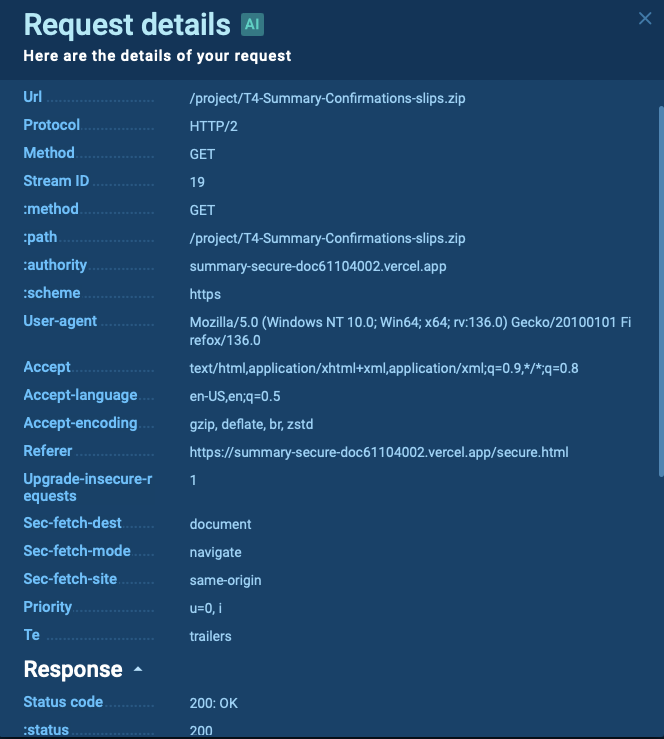 The example of HTTP request to download password protected archive